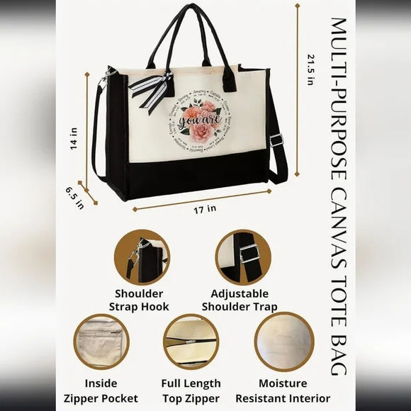 New! Canvas tote large bag with scripture religious Christian flower white black - Picture 3 of 7